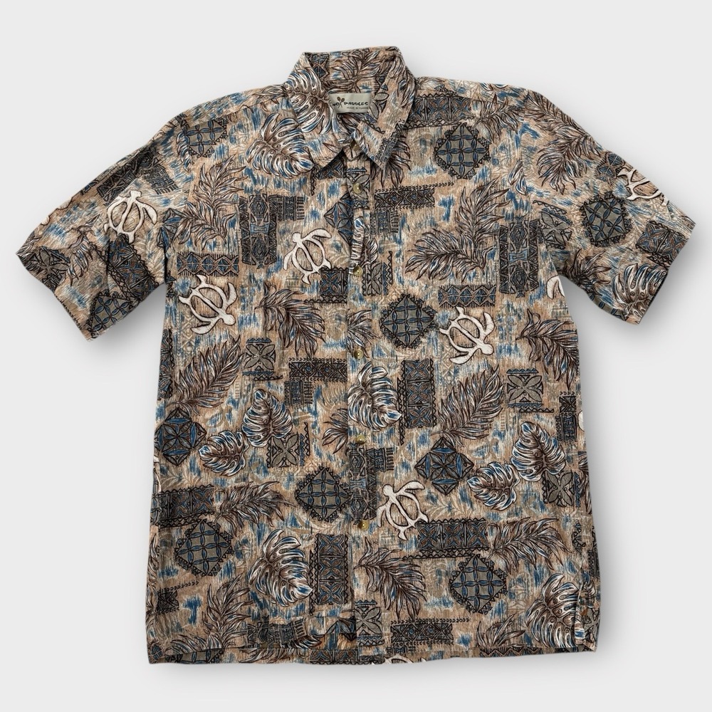 Vintage Two Paddles Shirt Mens Large Classic Fit Hawaiian Tribal SS Cotton Brown